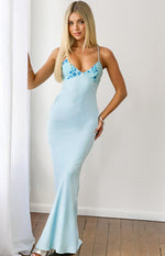 Beginning Boutique Neevah Blue Sequin Bust Satin Maxi Dress light blue satin maxi with blue floral sequin bust V-neck and spa