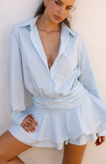 Beginning Boutique Nicolaini Light Blue Long Sleeve Mini Shirt Dress light blue collared long sleeve mini shirt dress with ruched waist and tiered skirt