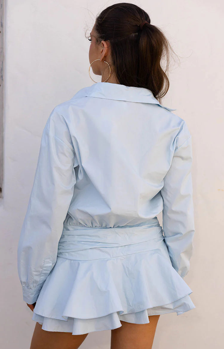 Nicolaini Light Blue Long Sleeve Mini Shirt Dress