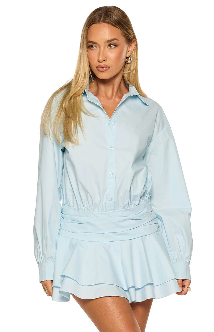 Nicolaini Light Blue Long Sleeve Mini Shirt Dress