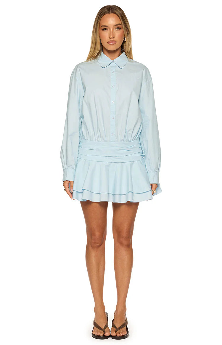 Nicolaini Light Blue Long Sleeve Mini Shirt Dress