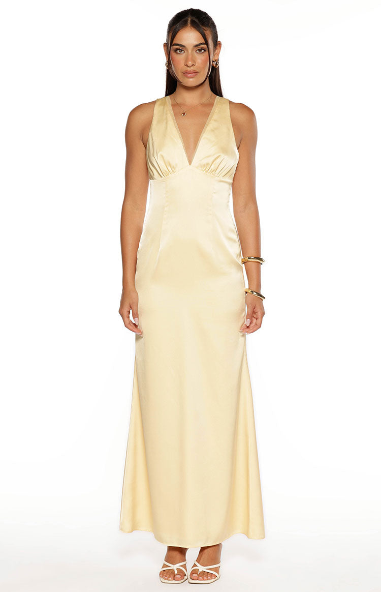 Nicolina Yellow Satin Formal Maxi Dress Image