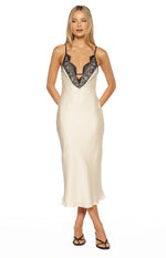 Cream satin midi dress featuring a deep V-neckline with black floral lace overlay