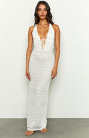 Beginning Boutique Novalie White Lace Halter Maxi Dress white lace halter maxi dress with deep V-neck tie-front and ruched bodycon fit