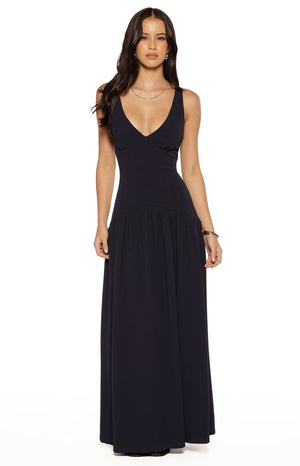 Beginning Boutique Novi Navy Drop Waist Crepe Maxi Dress navy crepe V-neck sleeveless maxi dress with gathered drop waist