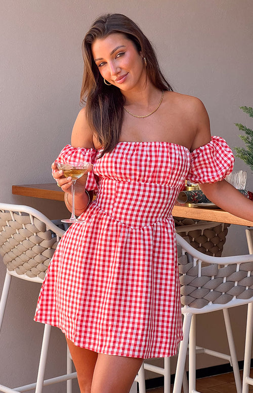 Love Lost Off The Shoulder Red Gingham Mini Dress | Beginning