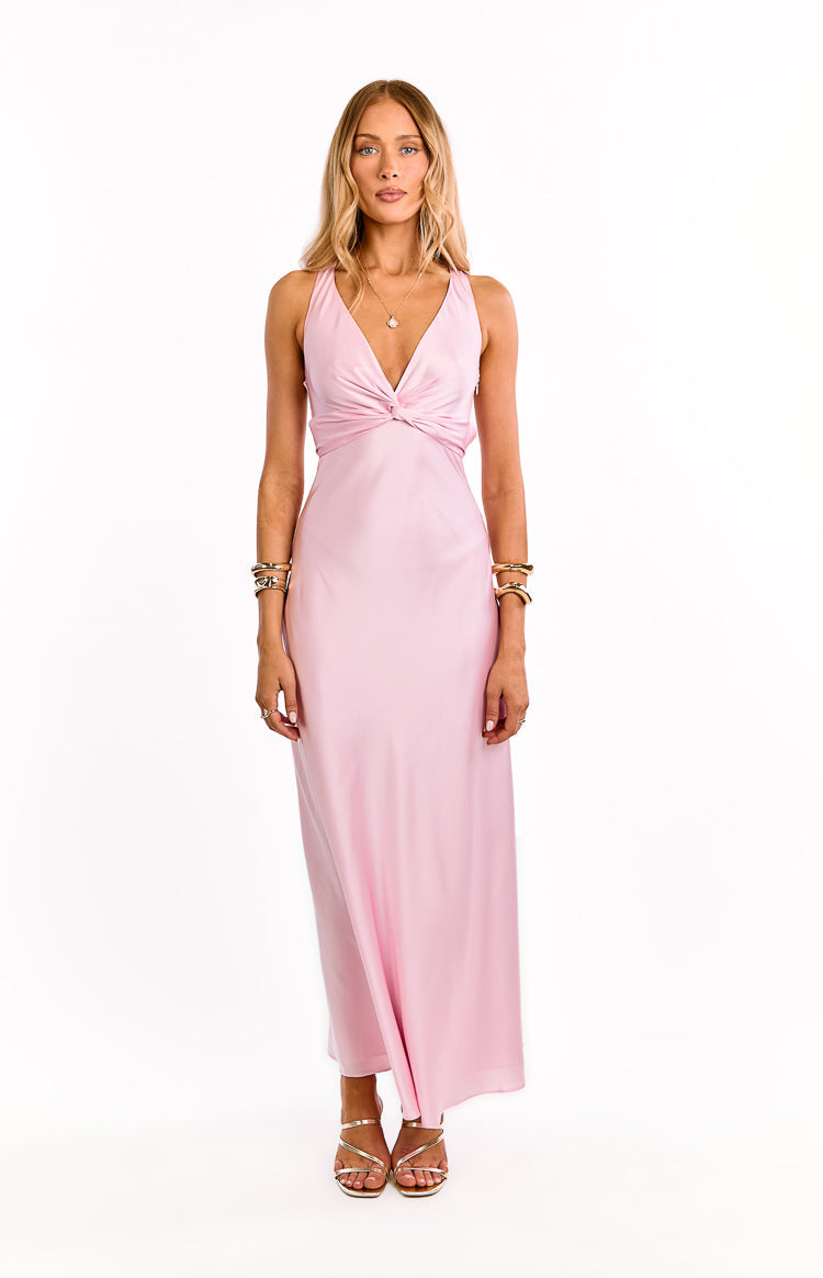 Beginning Boutique Oden Light Pink Formal Maxi Dress light pink satin V-neck maxi dress with twisted knot bust and side cutouts