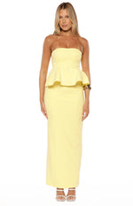 Front view of a yellow crepe maxi skirt, showing its fitted silhouette and smooth drape