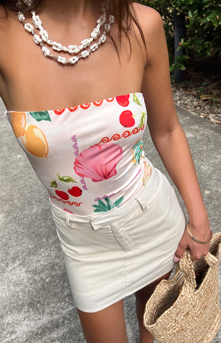 Beginning Boutique Olivia Oat Linen Blend Mini Skirt oat linen blend fitted mini skirt with waistband and belt loops