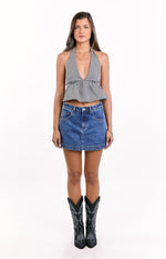 Black gingham halter neck crop top with a deep V-neckline and a gathered peplum hem