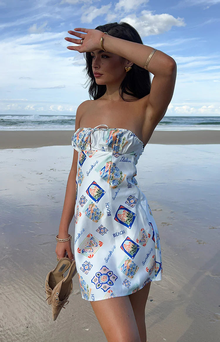 Orion White Italia Print Strapless Mini Dress