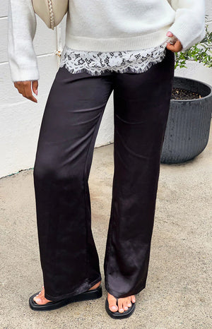 Orla Black Satin Straight Leg Pants