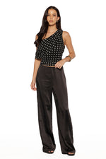 Front view of black satin straight leg pants with a subtle sheen, high waist, and relaxed, flowing fit
