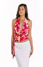 Ostara Yellow Orchid Cowl Neck Tie Top