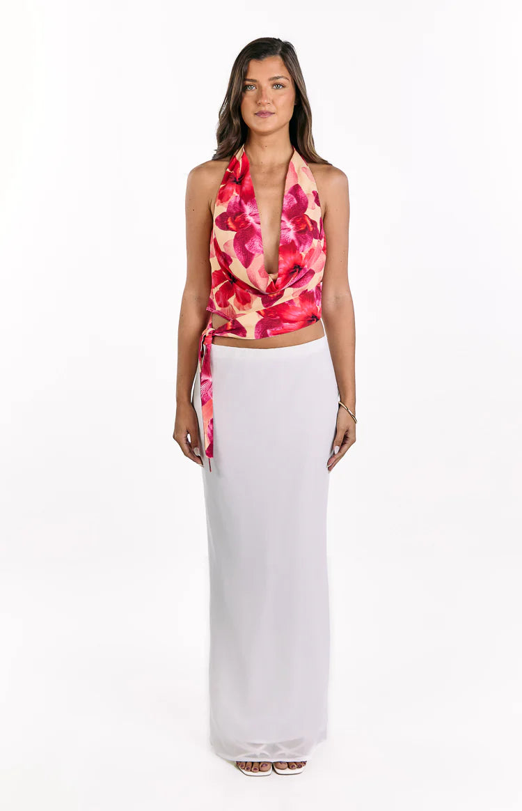 Ostara Yellow Orchid Cowl Neck Tie Top