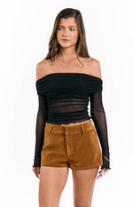 Tan suedette shorts with a fitted mini length, belt loops, and a flat front