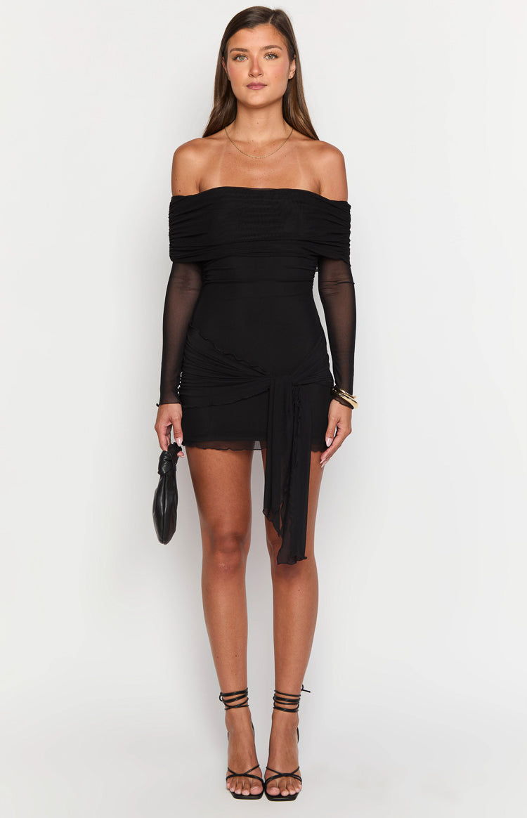 Black off-shoulder mini dress with ruched mesh bodice, sheer long sleeves, and a tie-front detail on the skirt