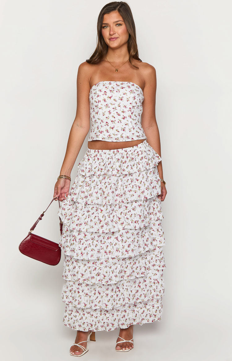 White floral print maxi skirt with multiple tiered ruffles