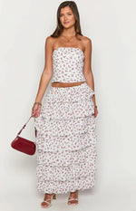 Paisley White Floral Ruffle Maxi Skirt