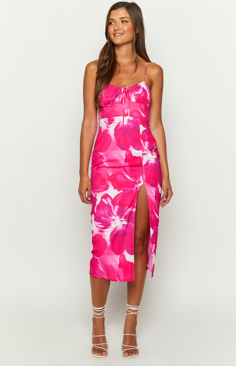 Beginning Boutique Paloma Pink Print Midi Dress pink and white floral print ruched bust midi with spaghetti straps and high l