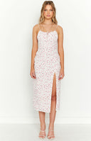 Beginning Boutique Paloma White Floral Midi Dress white floral midi with tie-front ruched bust, spaghetti straps, and high slit