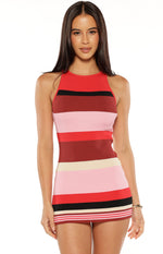 Beginning Boutique Pearson Pink Stripe Micro Mini Knit Dress — ribbed knit bodycon micro mini dress with multi-coloured stripes and high neck