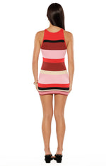 Rear view of the pink stripe ribbed knit micro mini dress with a high back neckline