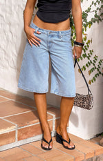 Beginning Boutique Peggy Light Wash Denim Shorts light wash denim low rise wide leg knee length shorts