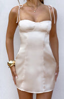 Beginning Boutique Penny Lane Cream Satin Mini Dress cream satin sweetheart neckline tie-shoulder mini dress