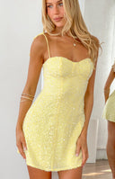 Beginning Boutique Penny Lane Yellow Sequin Mini Dress yellow sequin mini dress with thin spaghetti straps and a sweetheart n