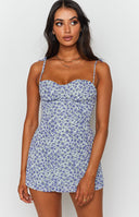 Beginning Boutique Penny Lane Blue Floral Mini Dress light blue floral print mini dress with sweetheart neckline and tie-up s