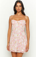 Beginning Boutique Penny Lane Pink Floral Mini Dress pink floral print sweetheart mini with tie spaghetti straps and ruched w