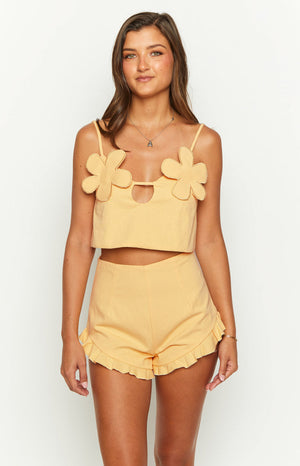 Beginning Boutique Petal Yellow Crop Top petal yellow crop top with thin straps, sweetheart cutout neckline, petal appliques