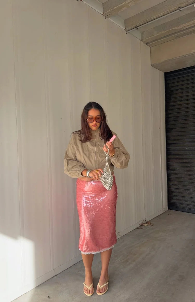 Petra Pink Sequin Lace Trim Midi Skirt