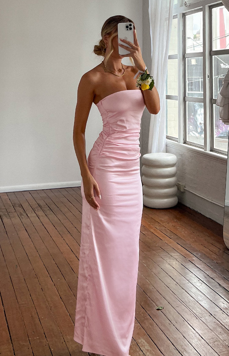 Pink Bloom Satin Strapless Maxi Dress Beginning Boutique NZ