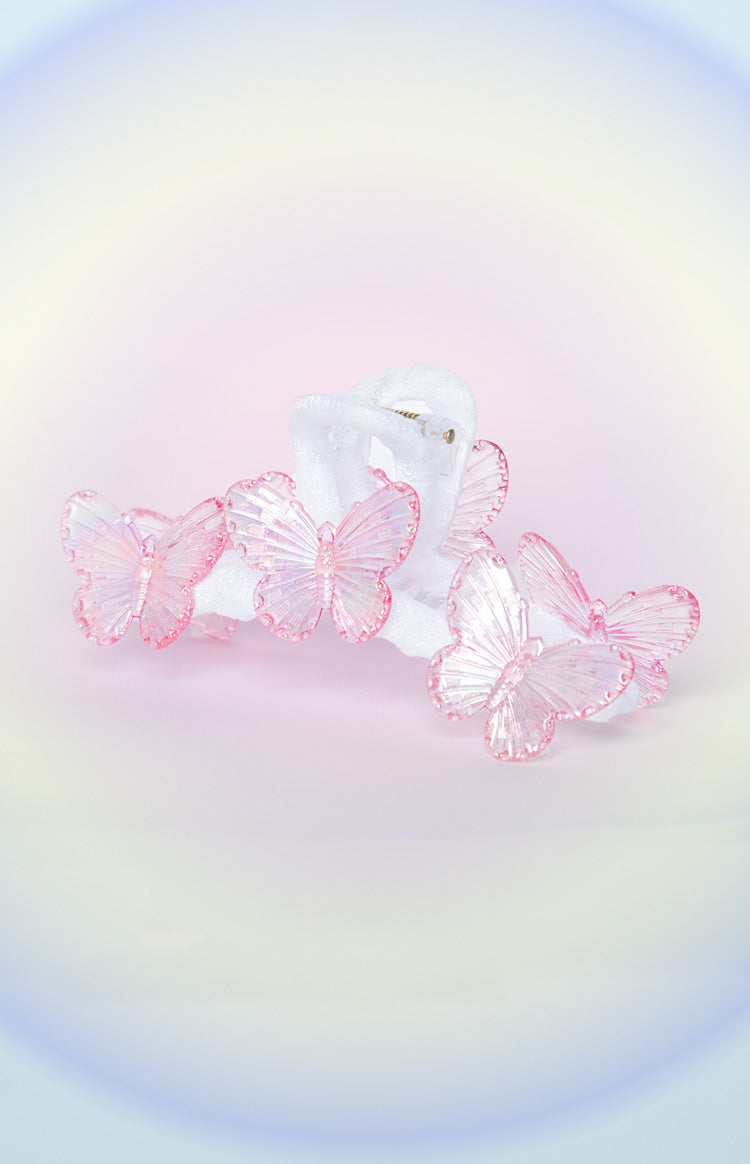 Side view of the pink iridescent butterfly claw clip with multiple butterflies and clear claw mechanism