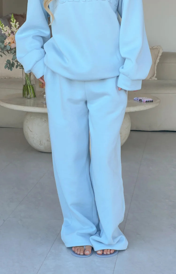 Beginning Boutique Pip Blue Mid Rise Slouch Fit Trackpants light blue soft fleece wide leg trackpants