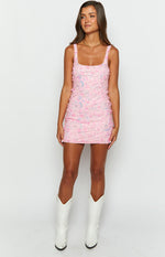 Pink sequin mini dress with square neckline and thick straps, featuring a floral and paisley embroidered pattern