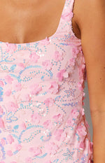 pink sparkly sequin mini dress with thick straps and flower detailing 