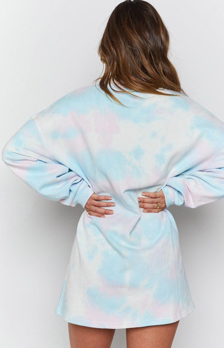 Purple and blue cobra graphic print on a light blue and white tie-dye dress, featuring 'Born to be Wild' and 'Poisonous' text