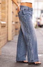 Posey Mid Wash Contrast Seam Wide Leg Jeans