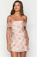 Beginning Boutique Primrose Paisley Floral Off the Shoulder Mini Dress white floral paisley off-shoulder ruched mini dress