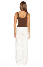 Back view of the brown scoop neck tank top, showing the wide shoulder straps and fitted knit fabric