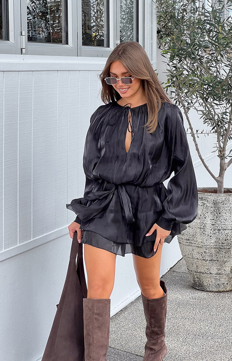 Beginning Boutique Quinton Black Satin Long Sleeve Tie Mini Dress black satin mini with tie-front V-neck, long billowy sleeve