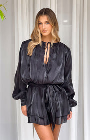 Black striped satin mini dress with gathered round neckline, keyhole tie, voluminous long sleeves, and tie waist