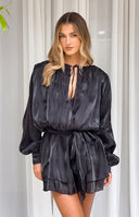 Quinton Black Satin Long Sleeve Tie Mini Dress