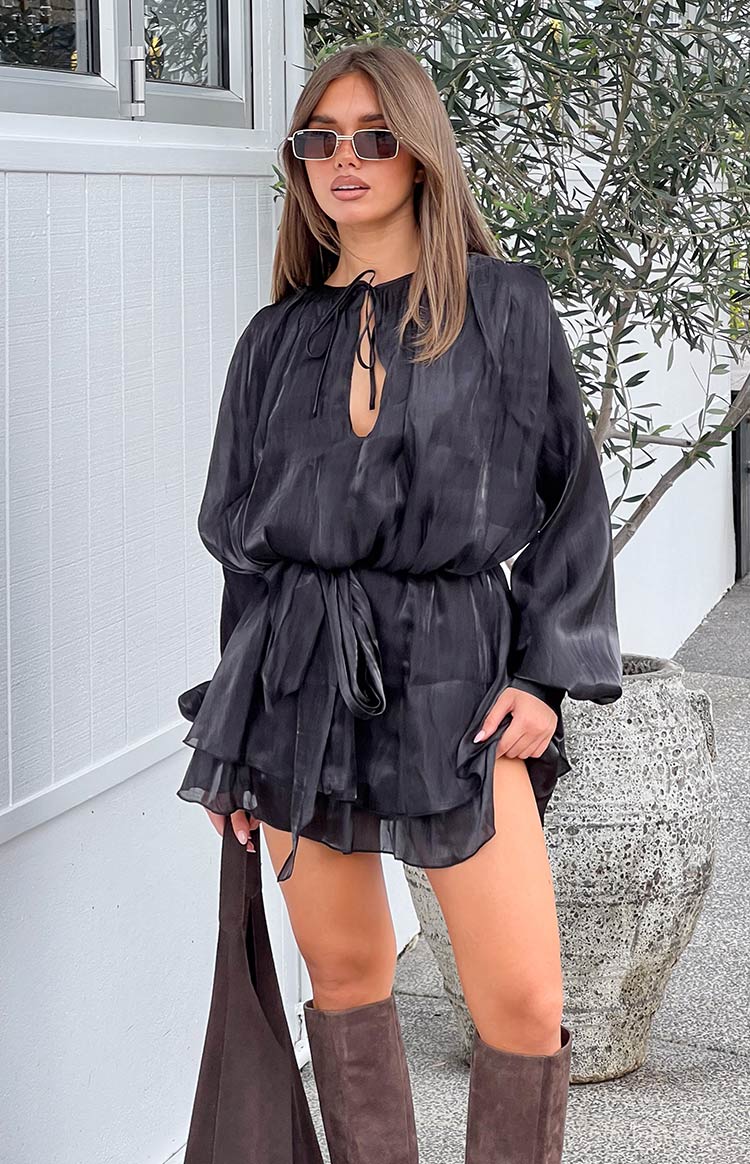 Black striped satin mini dress with gathered round neckline, keyhole tie, voluminous long sleeves, and tie waist