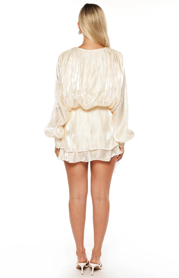 Quinton Pearl Satin Long Sleeve Tie Mini Dress
