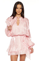 Beginning Boutique Quinton Pink Satin Long Sleeve Tie Mini Dress pink crinkled satin high neck keyhole tie long puff sleeve e
