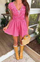 Beginning Boutique Raldo Red Gingham Playsuit red gingham V-neck playsuit with shirred bodice, puff sleeves, and flared mini